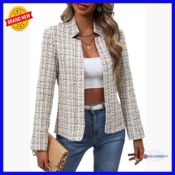Jackets & Blazers - Lightweight Tweed Blazer Open Front Notch Collar Office Work Casual